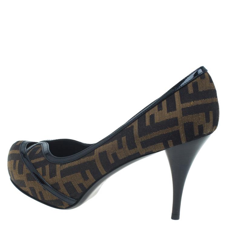 Pre Owned Fendi Tobacco Zucca Canvas and Leather Cutout Almond Toe Platform Pumps Size 37