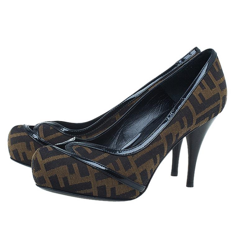 Pre Owned Fendi Tobacco Zucca Canvas and Leather Cutout Almond Toe Platform Pumps Size 37