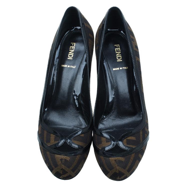 Pre Owned Fendi Tobacco Zucca Canvas and Leather Cutout Almond Toe Platform Pumps Size 37