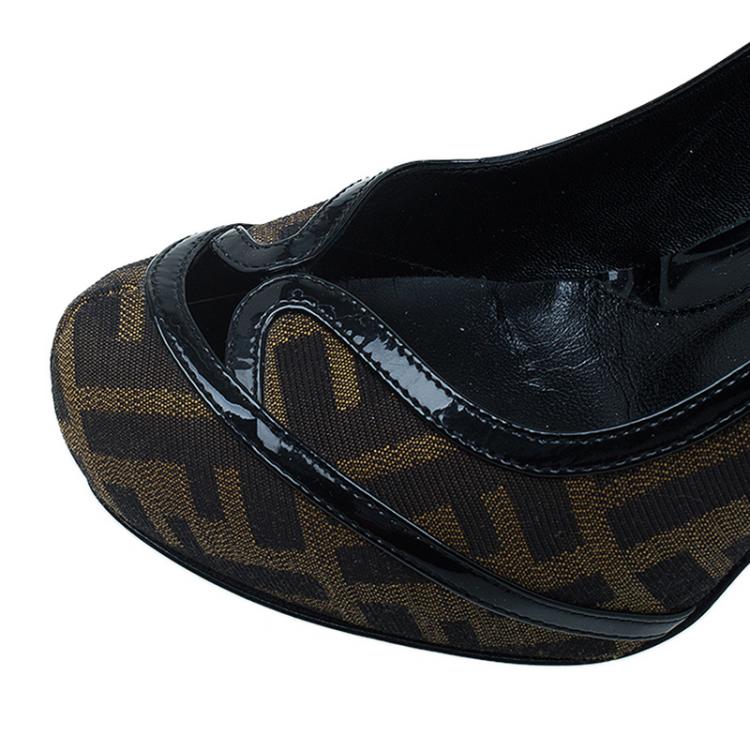 Pre Owned Fendi Tobacco Zucca Canvas and Leather Cutout Almond Toe Platform Pumps Size 37