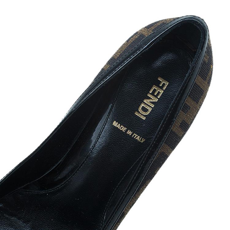 Pre Owned Fendi Tobacco Zucca Canvas and Leather Cutout Almond Toe Platform Pumps Size 37