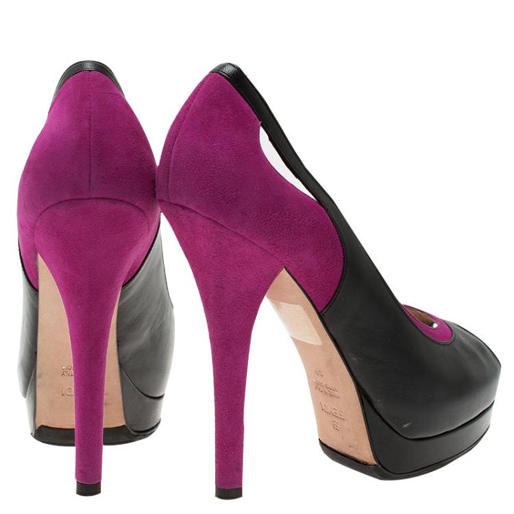 Pre Owned Fendi Black Leather and Purple Suede Cutout Peep Toe Platform Pumps Size 39