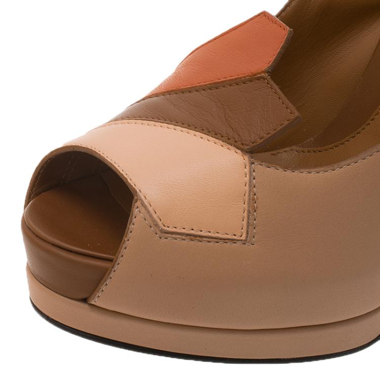 Pre Owned Fendi Tri Color Leather Peep Toe Platform Pumps Size 37.5 