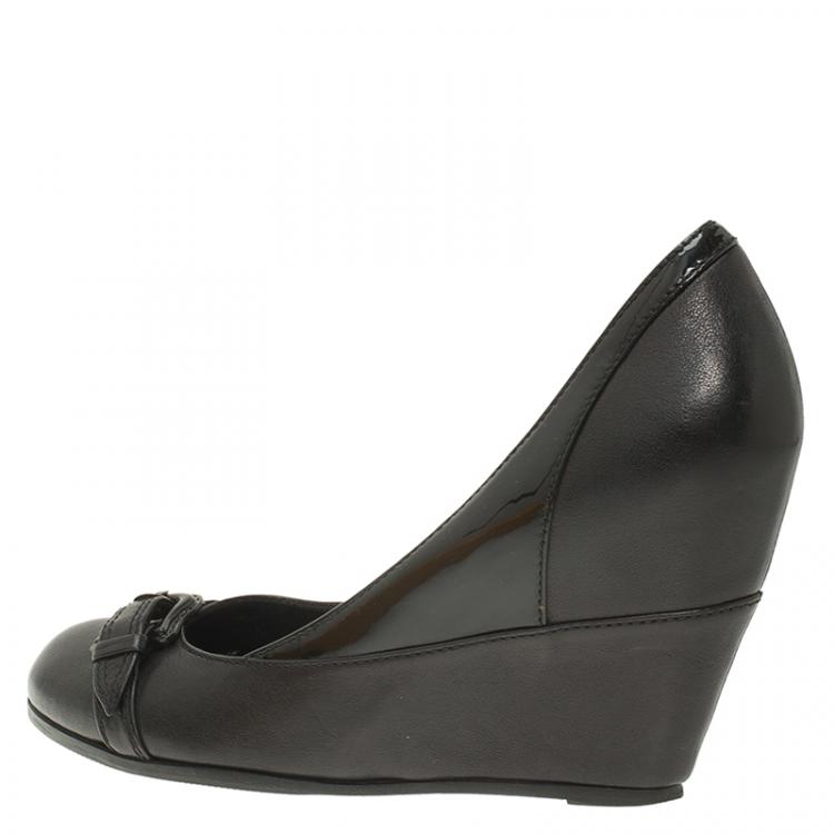 Pre Owned Fendi Black Leather and Patent Buckle Detail Wedge Pumps Size 39.5