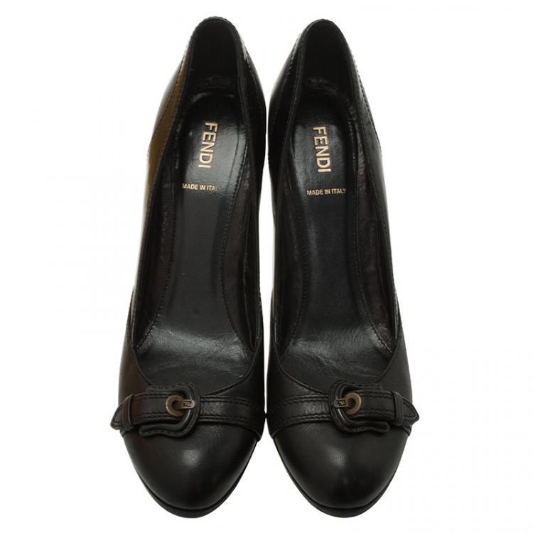 Pre Owned Fendi Black Leather and Patent Buckle Detail Wedge Pumps Size 39.5
