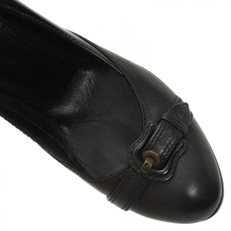 Pre Owned Fendi Black Leather and Patent Buckle Detail Wedge Pumps Size 39.5