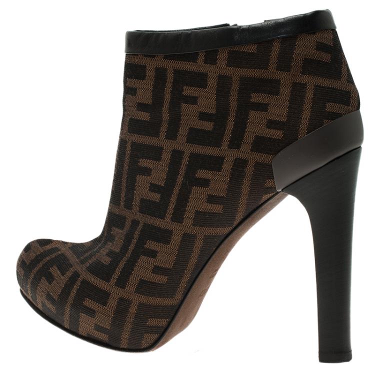 Pre Owned Fendi Brown Zucca Canvas and Leather Ankle Boots Size 38