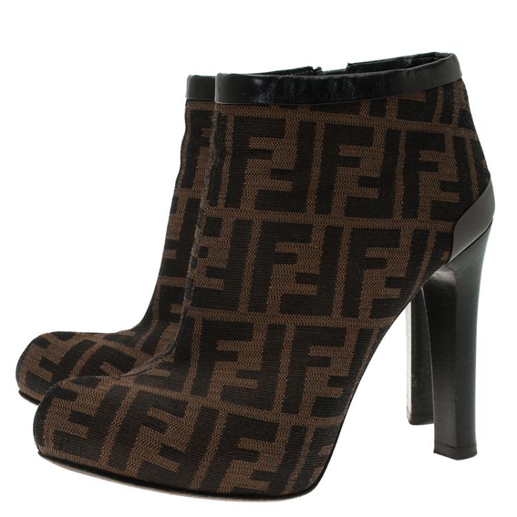 Pre Owned Fendi Brown Zucca Canvas and Leather Ankle Boots Size 38