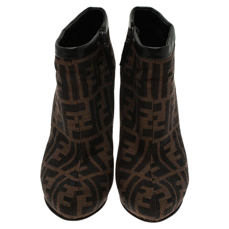 Pre Owned Fendi Brown Zucca Canvas and Leather Ankle Boots Size 38