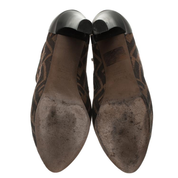Pre Owned Fendi Brown Zucca Canvas and Leather Ankle Boots Size 38