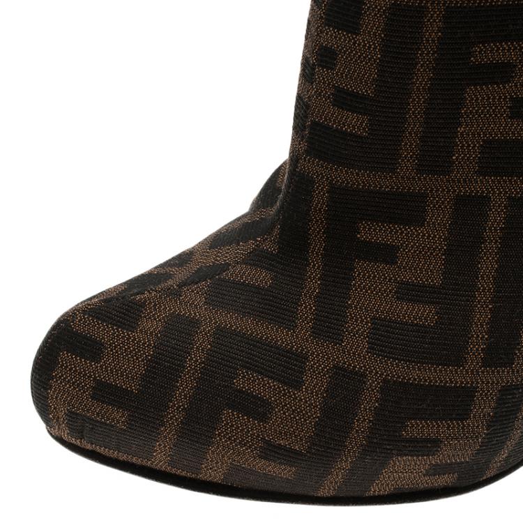 Pre Owned Fendi Brown Zucca Canvas and Leather Ankle Boots Size 38