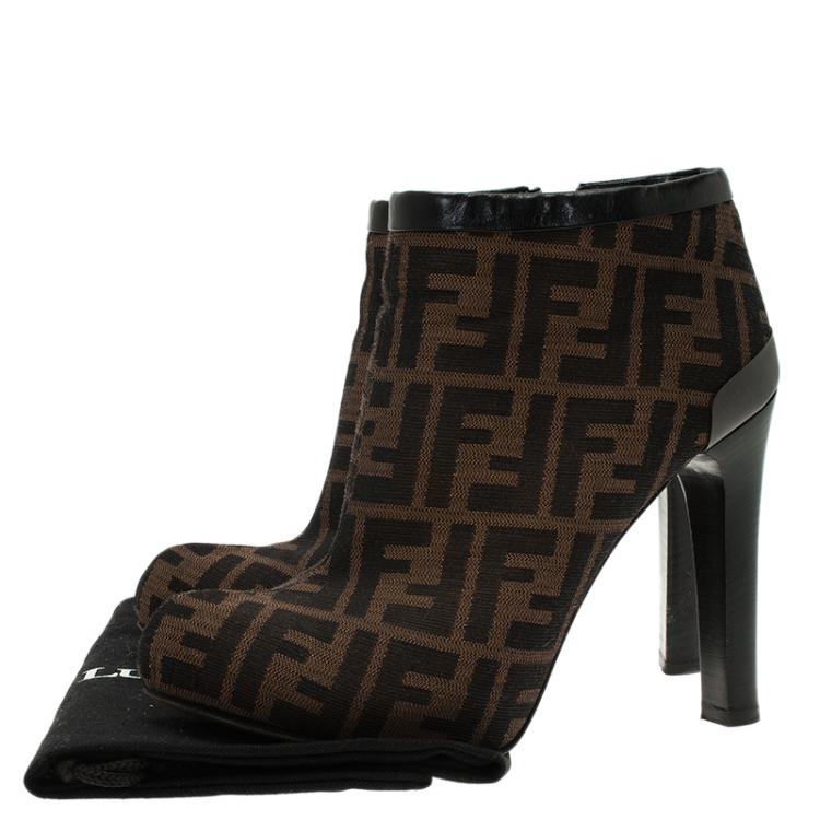 Pre Owned Fendi Brown Zucca Canvas and Leather Ankle Boots Size 38