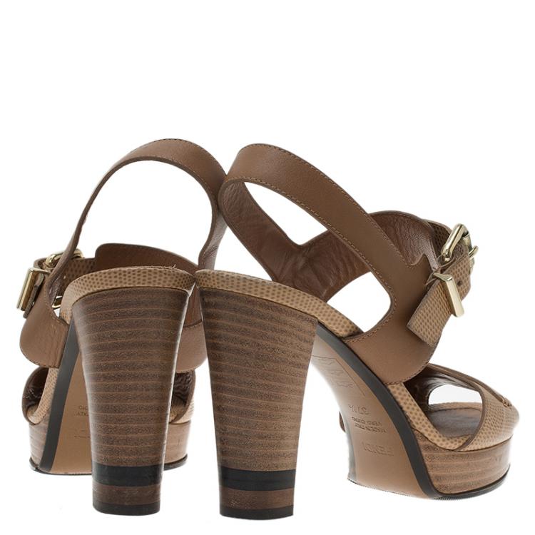 Pre Owned Fendi Tan Pebbled Leather Penny Loafer Strap Platform Sandals Size 37.5