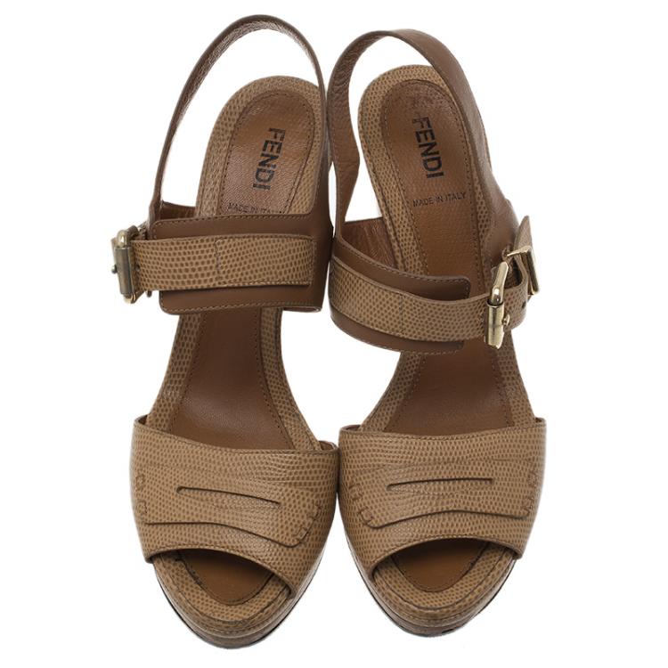 Pre Owned Fendi Tan Pebbled Leather Penny Loafer Strap Platform Sandals Size 37.5