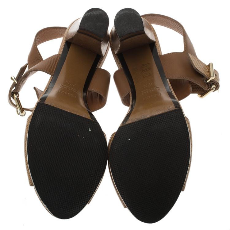 Pre Owned Fendi Tan Pebbled Leather Penny Loafer Strap Platform Sandals Size 37.5