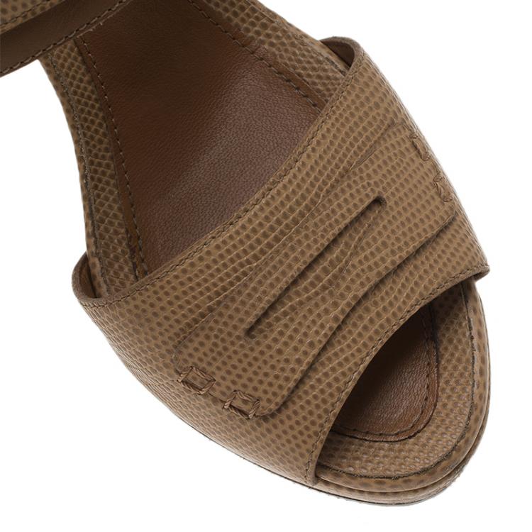 Pre Owned Fendi Tan Pebbled Leather Penny Loafer Strap Platform Sandals Size 37.5
