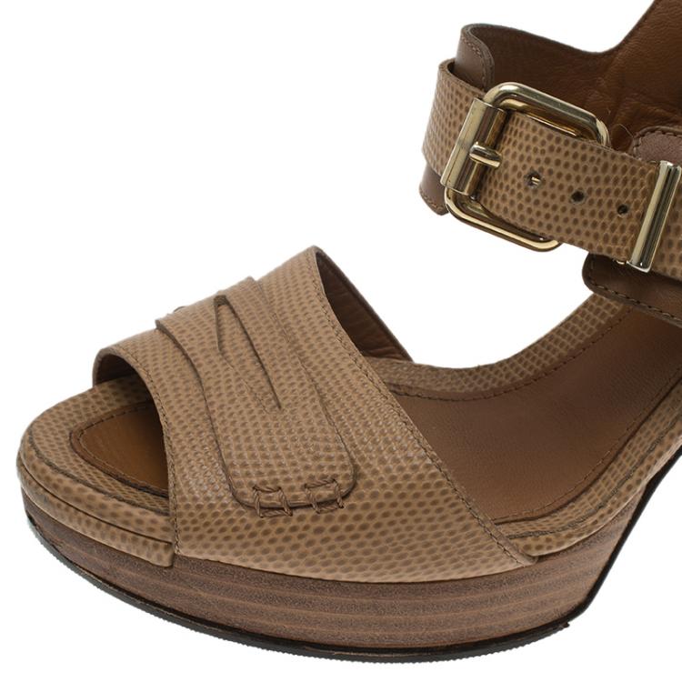 Pre Owned Fendi Tan Pebbled Leather Penny Loafer Strap Platform Sandals Size 37.5