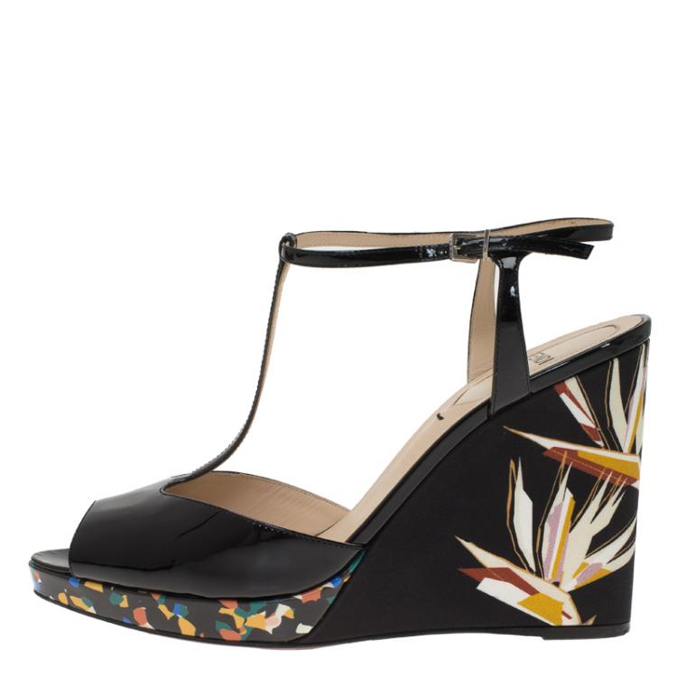 Fendi Black Patent Bird Of Paradise T Strap Wedge Sandals Size 39 Fendi |  TLC