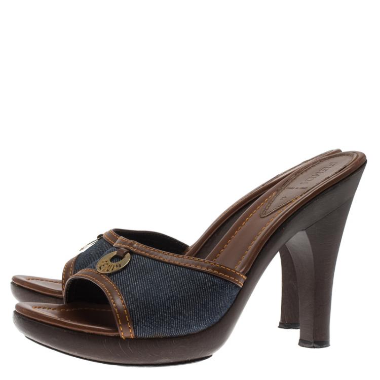 Pre Owned Fendi Blue Denim and Leather Slides Size 41
