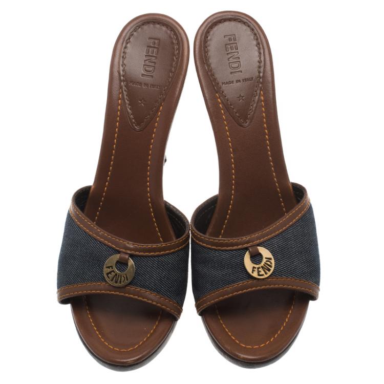 Pre Owned Fendi Blue Denim and Leather Slides Size 41