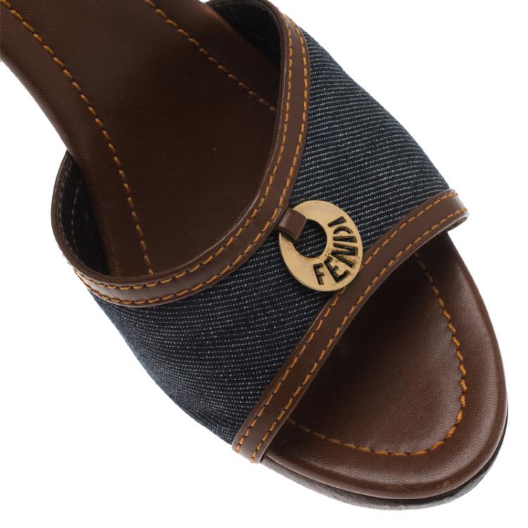Pre Owned Fendi Blue Denim and Leather Slides Size 41