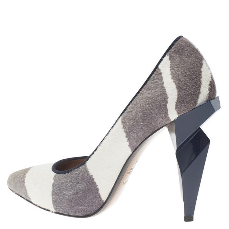 Pre Owned Fendi Grey and White Hair On Zebra Print Diamond Heel Pumps Size 39
