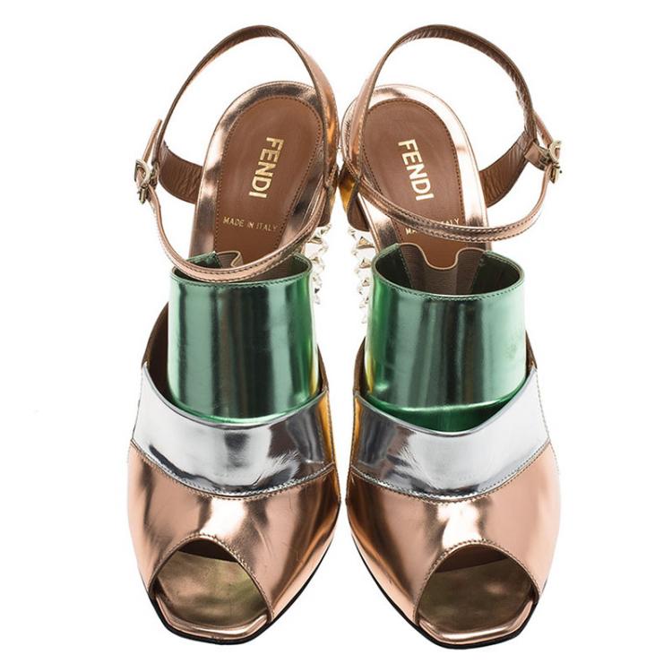 Pre Owned Fendi Runway Mirrored Leather Spike Heel Sandals Size 39