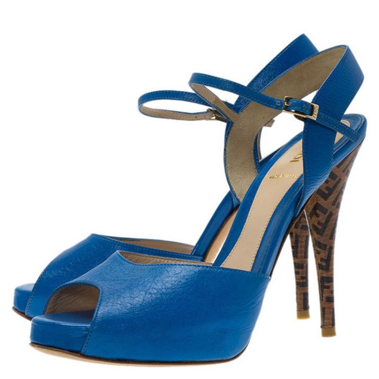 Pre Owned Fendi Blue Leather Zucchino Heel Sandals Size 38