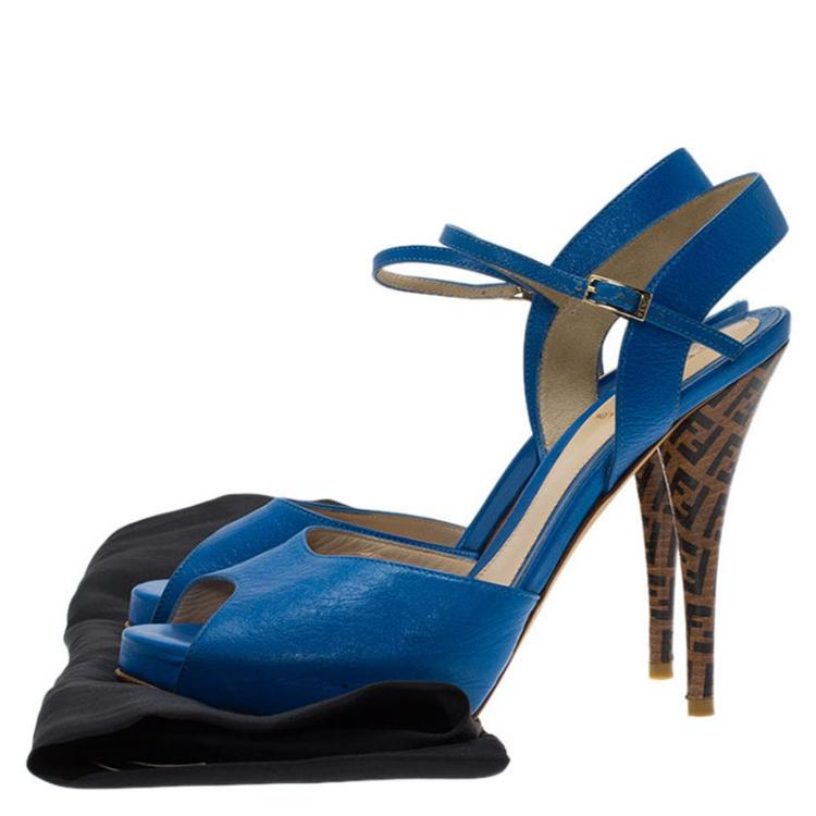 Pre Owned Fendi Blue Leather Zucchino Heel Sandals Size 38