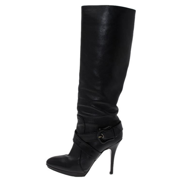 مملوكة مسبقًا Fendi Black Leather B Buckle Knee Length Boots Size 39.5