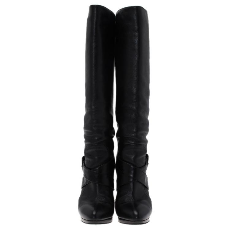 مملوكة مسبقًا Fendi Black Leather B Buckle Knee Length Boots Size 39.5