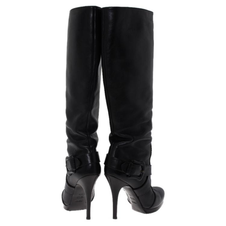 مملوكة مسبقًا Fendi Black Leather B Buckle Knee Length Boots Size 39.5
