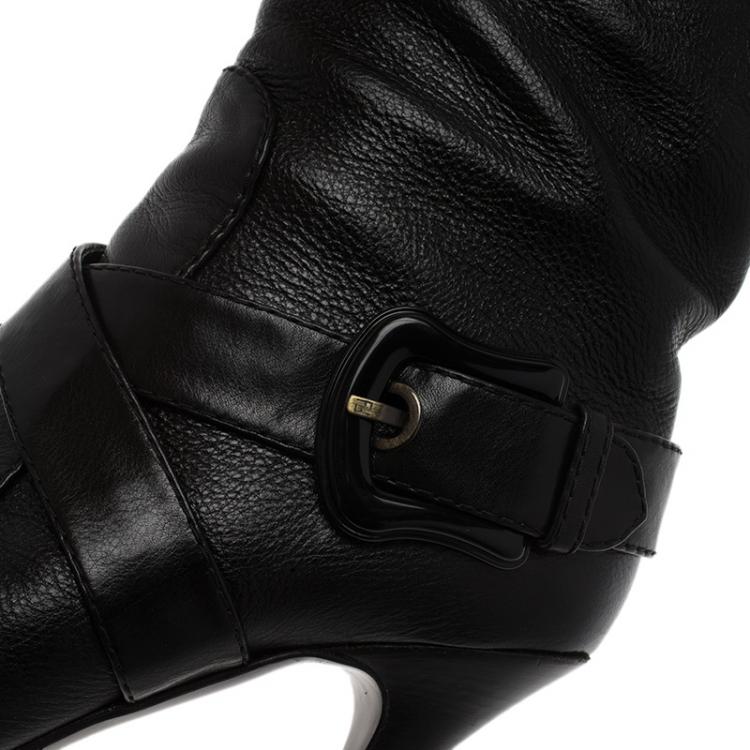 مملوكة مسبقًا Fendi Black Leather B Buckle Knee Length Boots Size 39.5