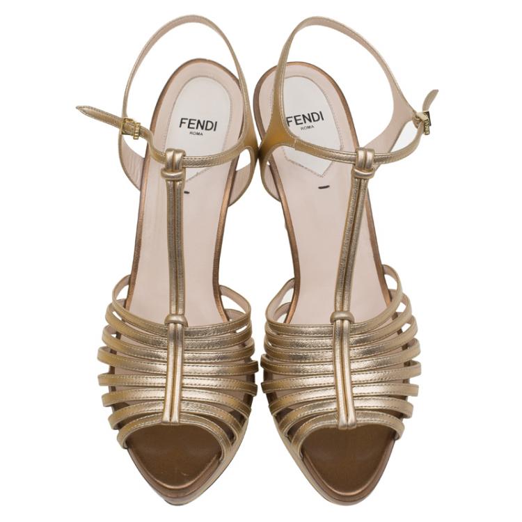 Pre Owned Fendi Bronze Leather T Bar Platform Sandals Size 39
