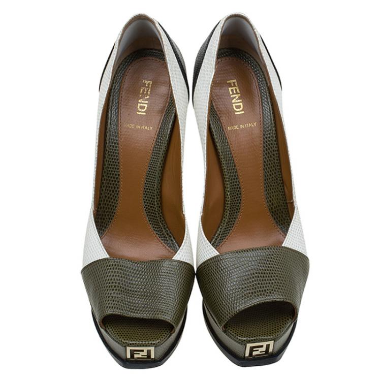 Pre Owned Fendi Tri Color Lizard Embossed Leather Fendista Peep Toe Platform Pumps Size 38
