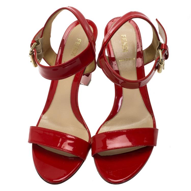 Pre Owned Fendi Red Patent Ankle Strap Sandals Size 38.5