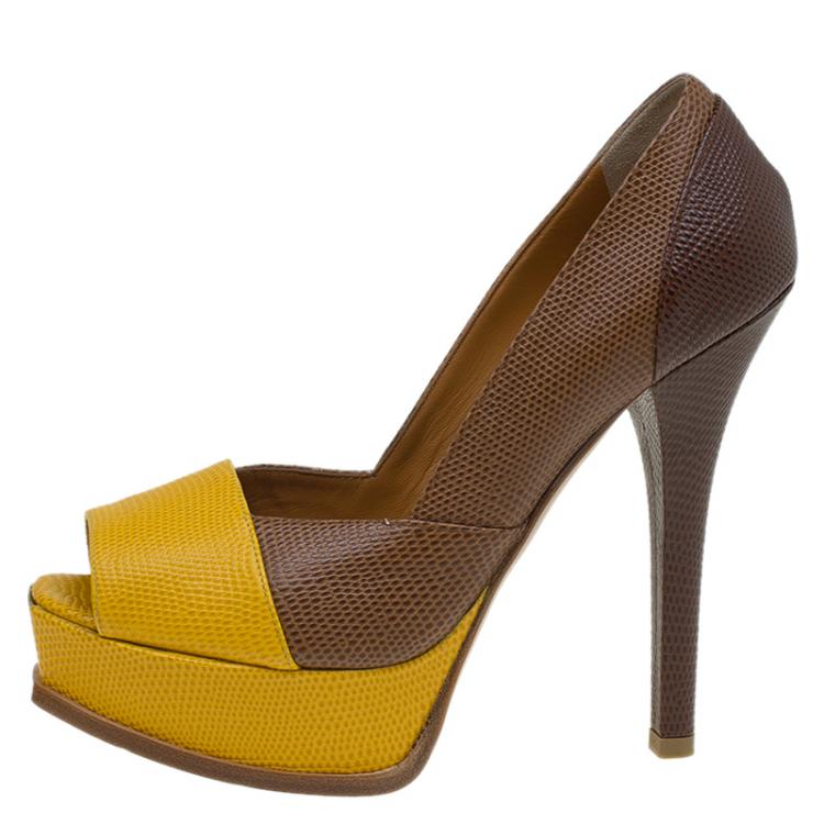 Pre Owned Fendi Two Tone Lizard Fendista Peep Toe Platform Pumps Size 37