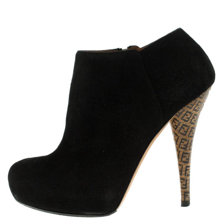 Pre Owned Fendi Black Suede Zucca Printed Pointed Heel Ankle Boots Size 36.5