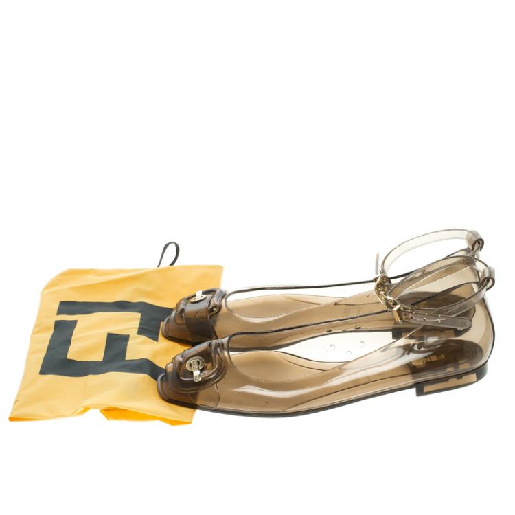 مملوكة مسبقًا Fendi Grey Jelly Peep Toe Ankle Strap Ballet Flats Size 40