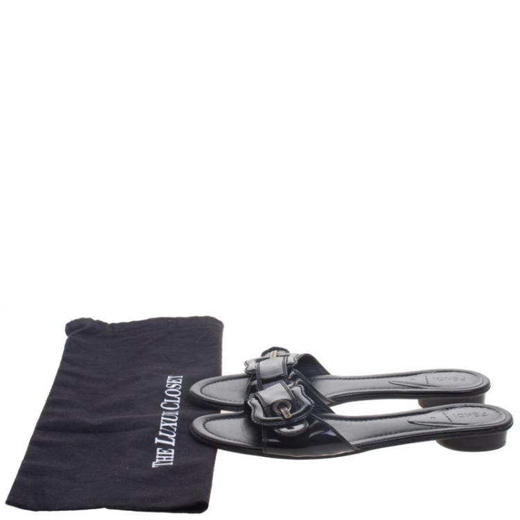 Pre Owned Fendi Black Patent Leather B Buckle Flat Slides Size 40