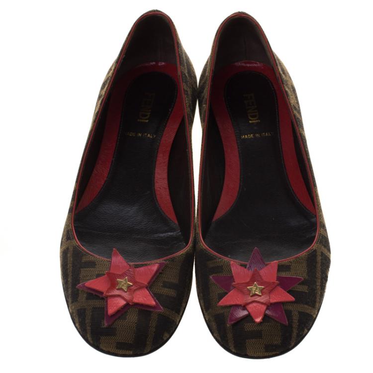 Pre Owned Fendi Brown Zucca Canvas Leather Star Embellished Ballet Flats Size 37