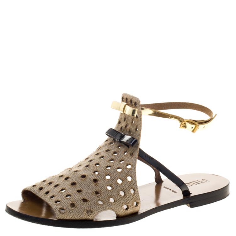 Pre Owned Fendi Beige Perforated Jute Bow Slingback Flat Sandals Size 39