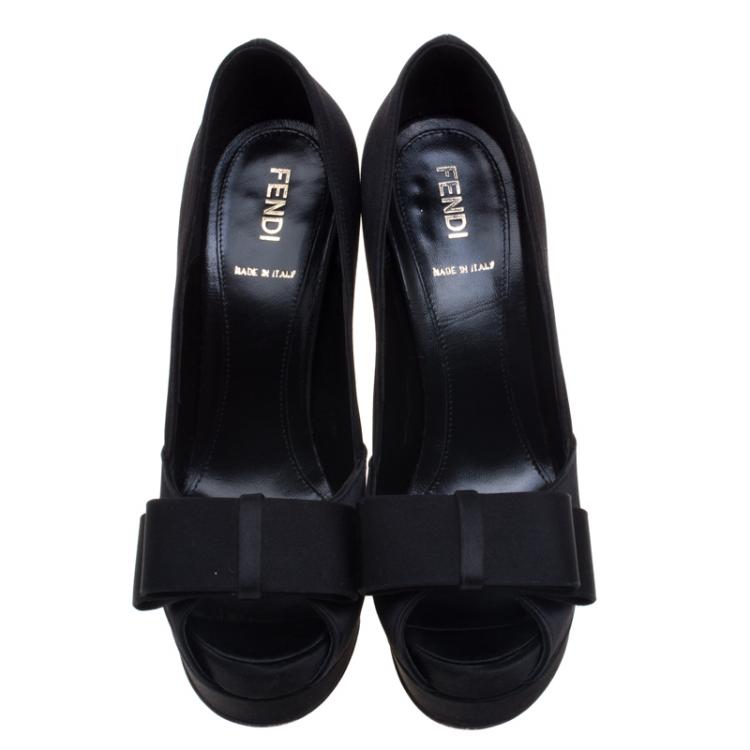Pre Owned Fendi Black Satin Deco Bow Detail Peep Toe Platform Pumps Size 35.5