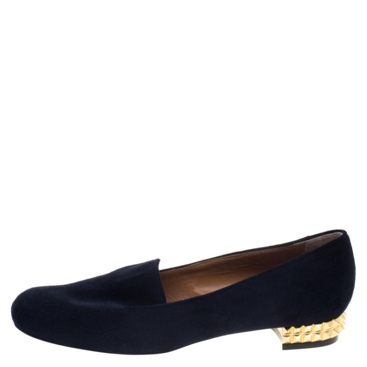 مملوكة مسبقًا Fendi Dark Blue Suede Studded Heel Smoking Slippers Size 39.5
