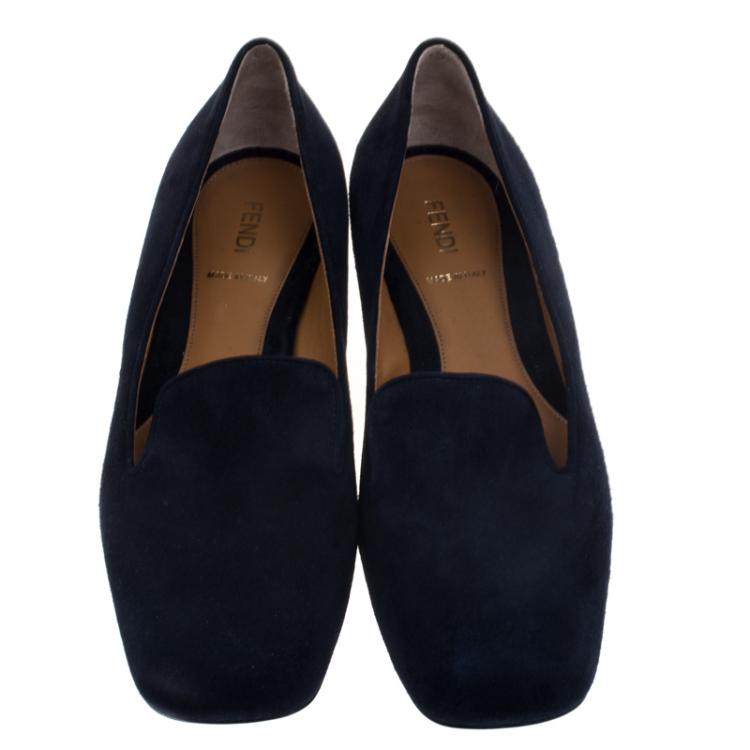 مملوكة مسبقًا Fendi Dark Blue Suede Studded Heel Smoking Slippers Size 39.5