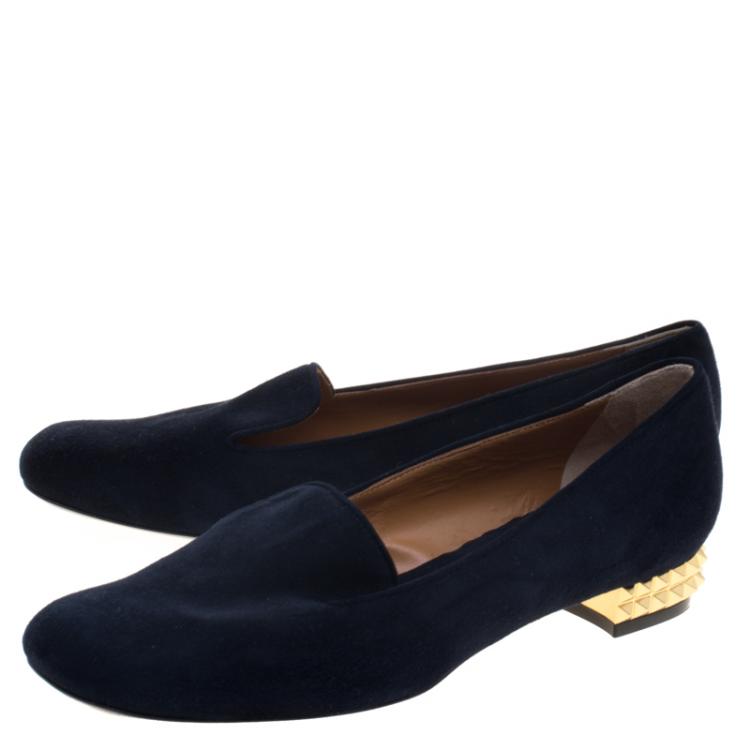 مملوكة مسبقًا Fendi Dark Blue Suede Studded Heel Smoking Slippers Size 39.5
