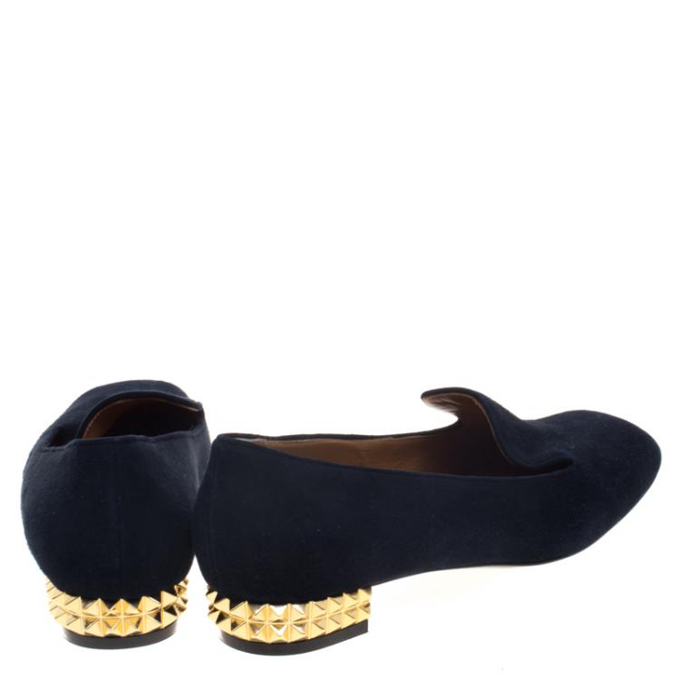 مملوكة مسبقًا Fendi Dark Blue Suede Studded Heel Smoking Slippers Size 39.5