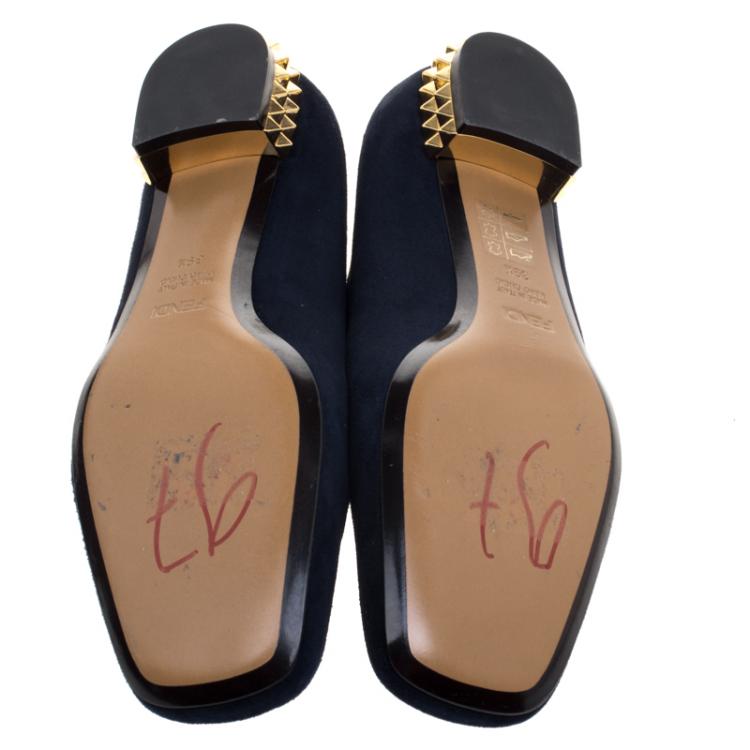 مملوكة مسبقًا Fendi Dark Blue Suede Studded Heel Smoking Slippers Size 39.5