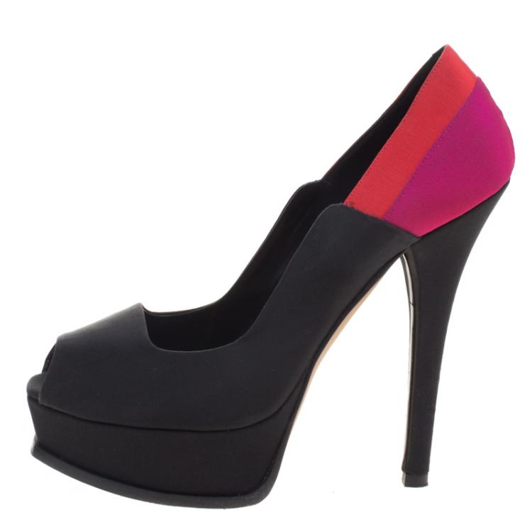 Pre Owned Fendi Tricolor Colorblock Canvas Fendista Peep Toe Platform Pumps Size 40.5