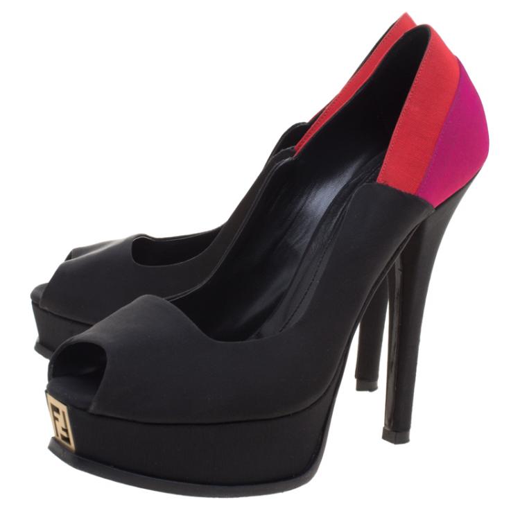 Pre Owned Fendi Tricolor Colorblock Canvas Fendista Peep Toe Platform Pumps Size 40.5